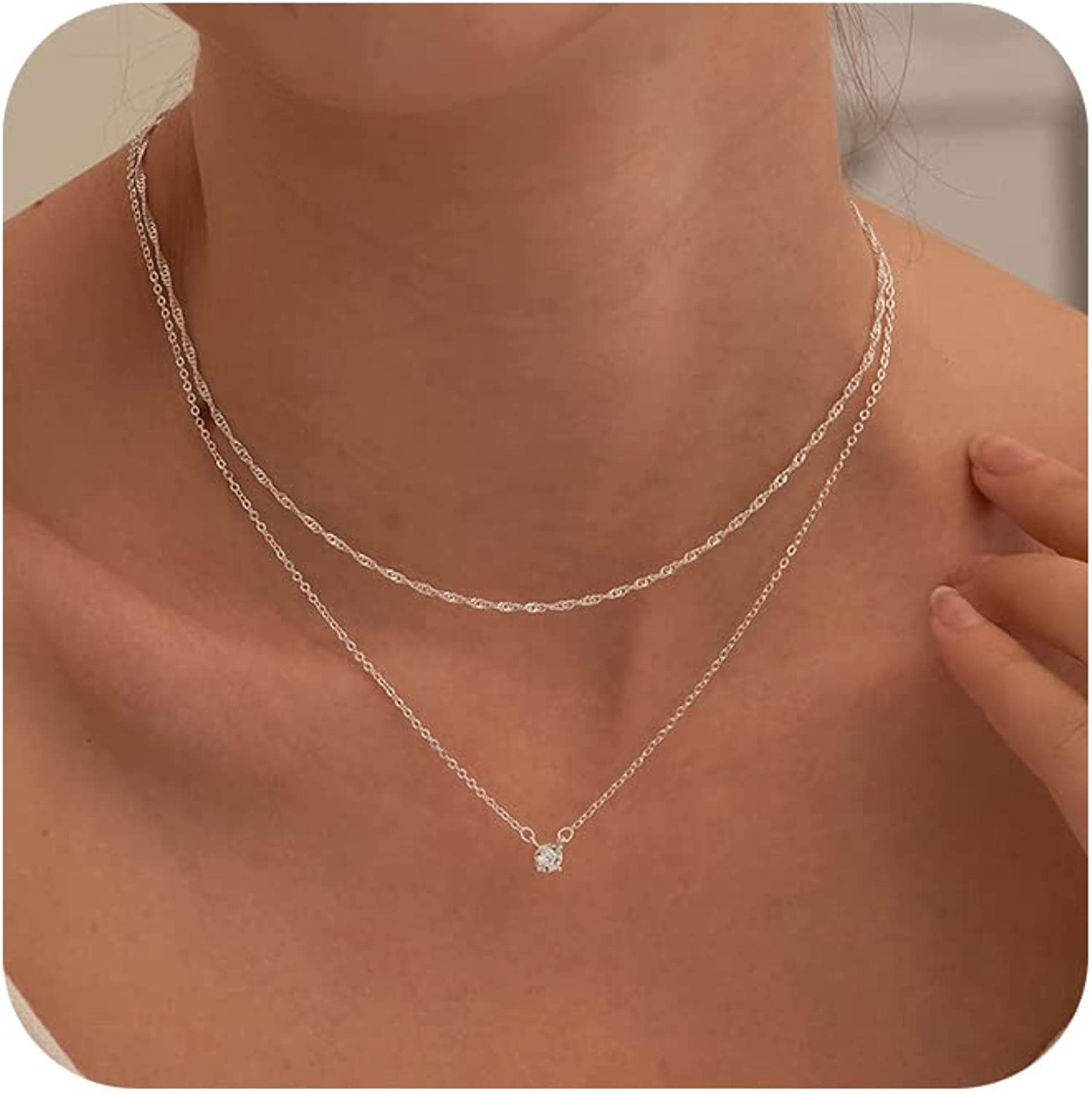 Silver Necklace for Women, Dainty Silver Layered Necklaces Sterling Silver Diamond Pendant Necklace Simple Silver Chain Choker Necklaces Fashion